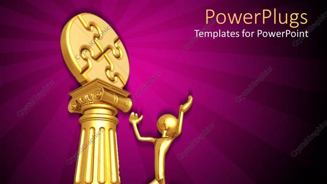  Presentation with jigsaw - Gold plated man kneels before jigsaw puzzle on gold pillar