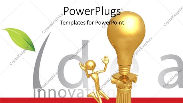  Presentation with bulb - Gold plated man kneels before gold bulb on pillar depicting idea
