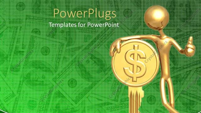  Presentation with financial - Gold plated man leaning against golden key with dollar sign