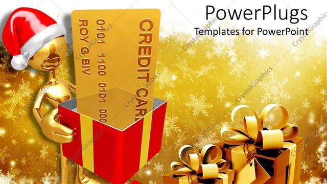  Presentation with christmas card - Gold plated man making Christmas delivery with gift boxes and ribbons