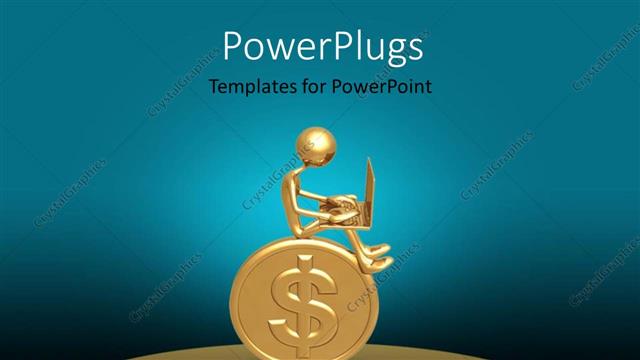  Presentation with gold investment - Gold plated man operating laptop sits on gold dollar coin