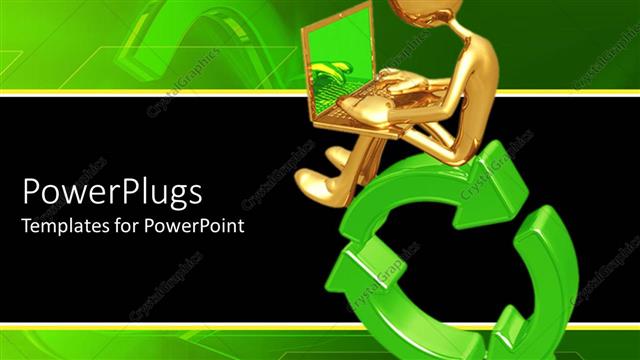  Presentation with green gold - Gold plated man sits and operates laptop on green recycle symbol