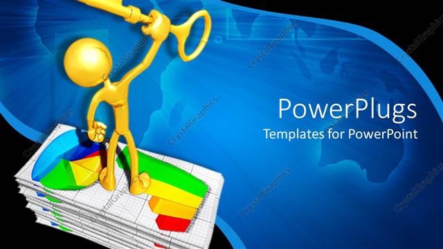  Presentation with financial - Gold plated man standing on financial charts with key raised high