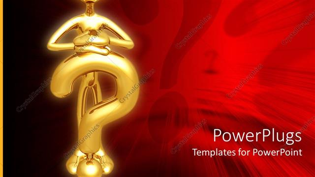  Presentation with question - Gold plated man stands?and rests hands on gold question mark symbol