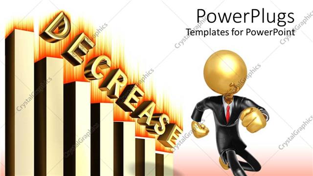 Presentation with fire - Gold plated man in suit running from descending bar chart on fire