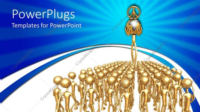  Presentation with peace - Gold plated men look up to man carrying earth globe in hand