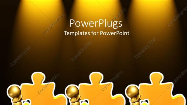  Presentation with puzzle team - Gold plated men pushing yellow jigsaw puzzle pieces on glowing background