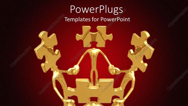  Presentation with team work - Gold plated men with puzzle piece heads hold hands