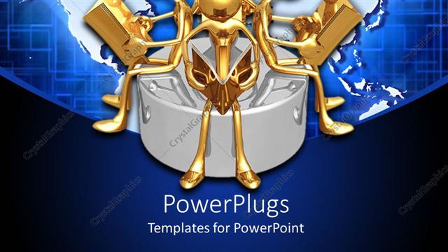  Presentation with reading table - Gold plated men reading books sit on table with world map behind?