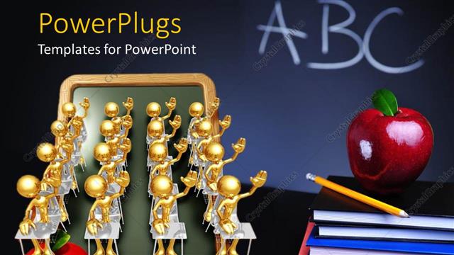  Presentation with apple - Gold platted men sit in class with apple, pen and book stack