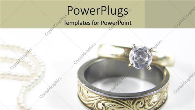  Presentation with engagement - Gold wedding band and diamond?engagement ring on white background with pearl necklace