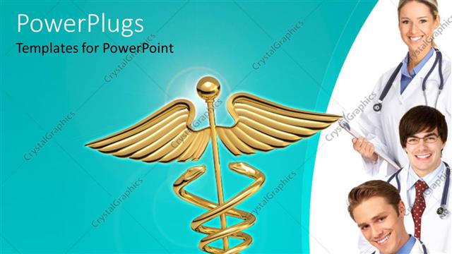  Presentation with caduceus - Golden Caduceus symbol over?green?background with smiling doctors