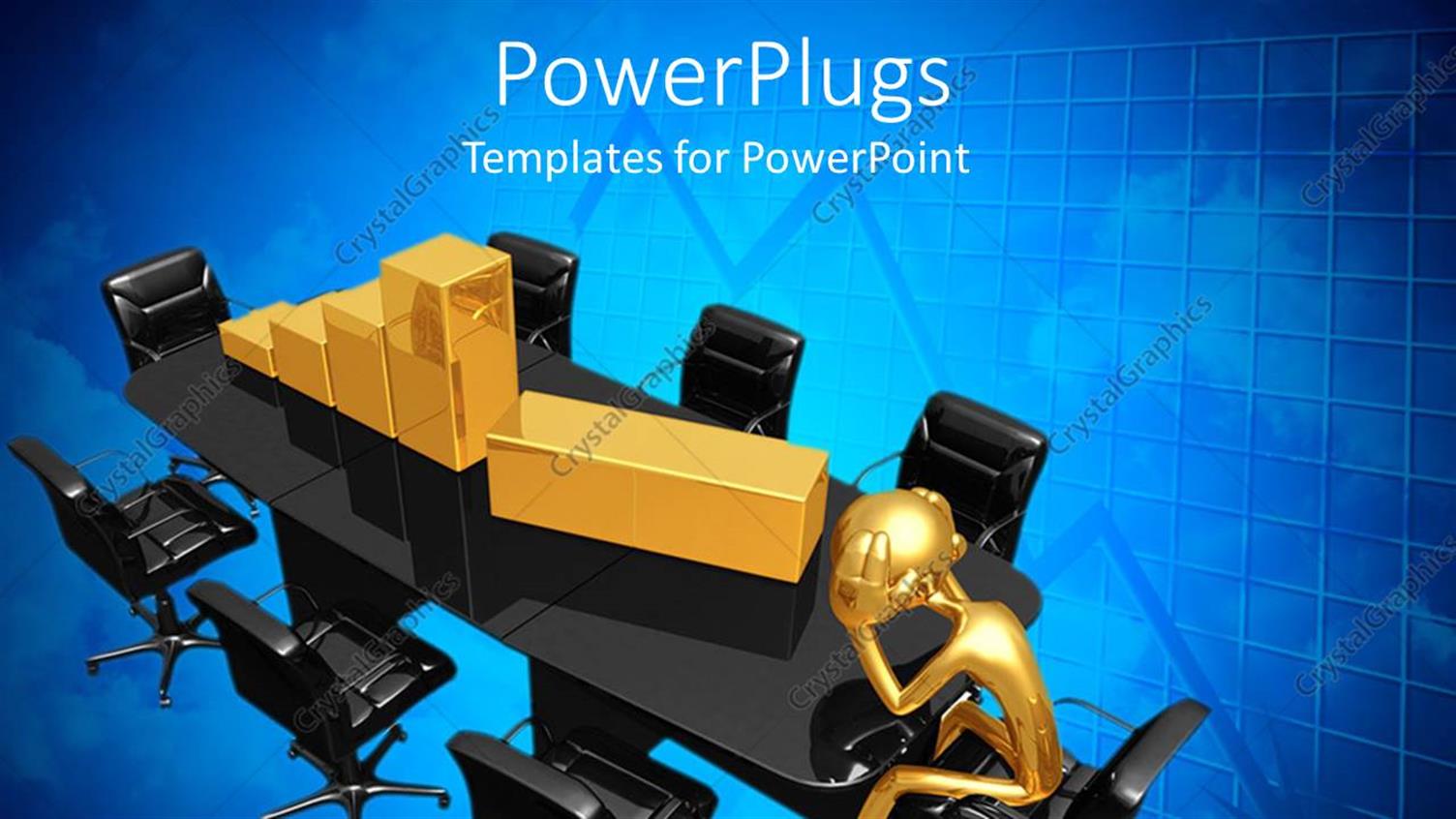 Featuring a Golden Character with a Bar Chart on a Black Table