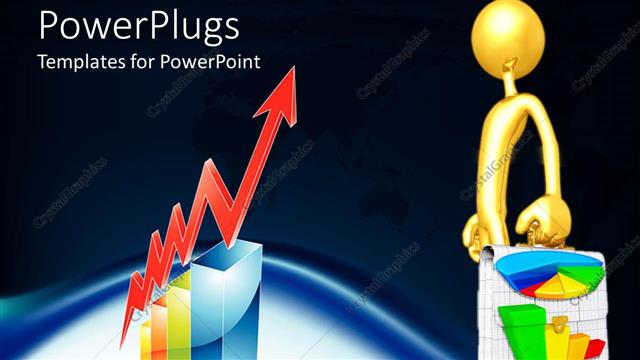  Presentation with bad - A golden character holing a bad with a bar chart
