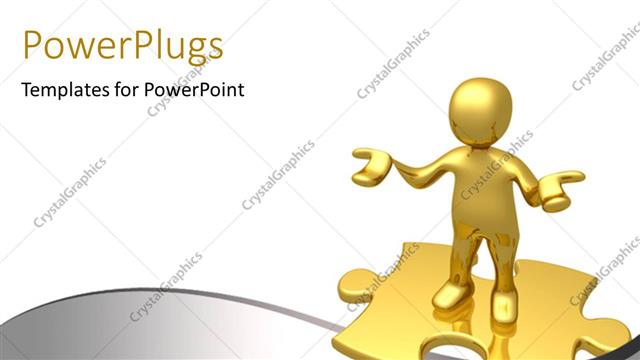  Presentation with wave - Golden character standing on golden color 3D puzzle with nice grey color wave