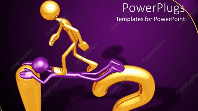  Presentation with walking - A golden character walking on a bridge made of an exclamation mark, a question mark, and a purple character