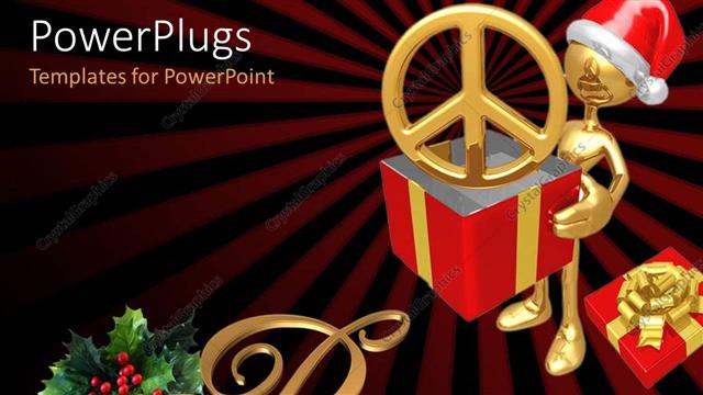  Presentation with golden yellow - A golden character wearing a Christmas cap holding red and yellow box