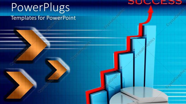  Presentation with golden - Golden chevrons pointing to blue bar chart with red arrow and white pie graph