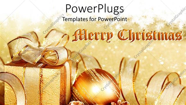  Presentation with merry christmas - Golden Christmas theme with gift box and Christmas globes, Merry Christmas words on golden background with white snowflakes