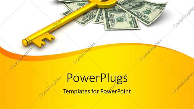  Presentation with skeleton - Golden dollar skeleton key over hundred dollar bills on white background