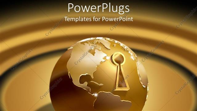  Presentation with key - Golden earth globe with key hole over brown background