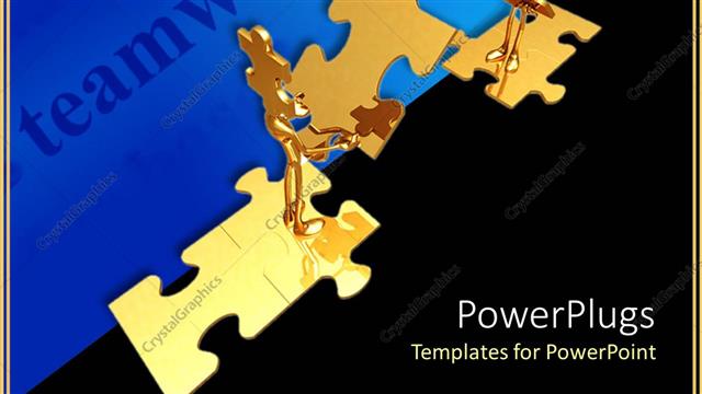  Presentation with teamwork - Golden figures trying to finish puzzle and teamwork word on blue background