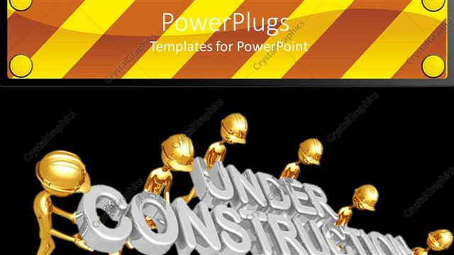  Presentation with under construction - Golden figures wearing hard hats holding silver under construction words on black background