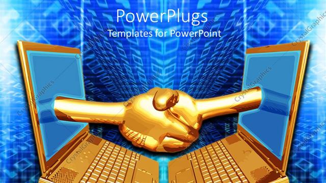  Presentation with blue handshake - Golden hands from two laptop screens shaking hands on blue background?