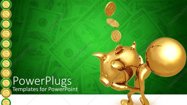  Presentation with piggy bank - Golden human figure holding a piggy bank with coins falling in