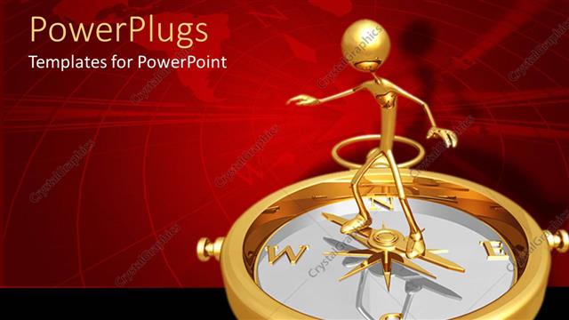  Presentation with golden - Golden human figure standing on a compass on a red background