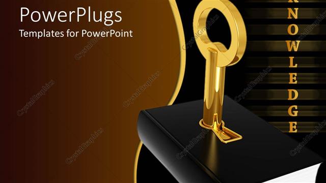  Presentation with knowledge - Golden knowledge word and black cover book with 3D golden key inserted in the book cover