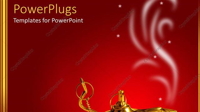  Presentation with magic - A golden magic lamp with smoke on red background