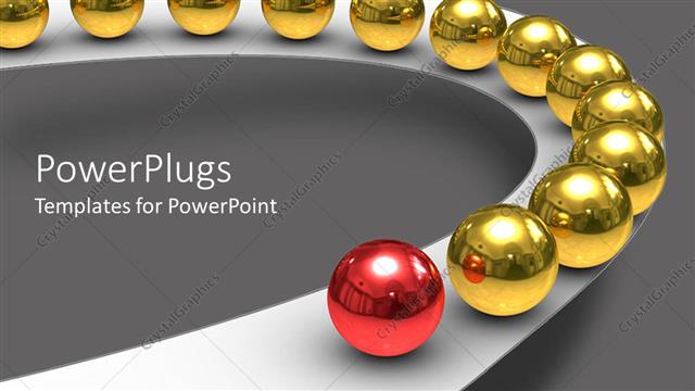  Presentation with gray - Golden spheres leaded by red sphere on a white road on gray background