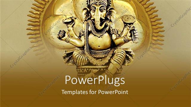  Presentation with tan - Golden statue of Ganesh on depiction of sun with rays on tan background