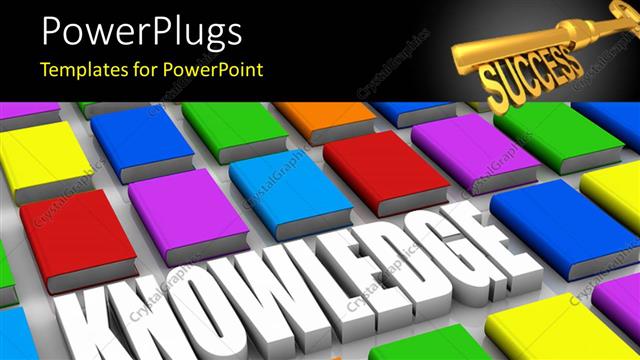  Presentation with knowledge - Golden success key with 3D text KNOWLEDGE between colored books