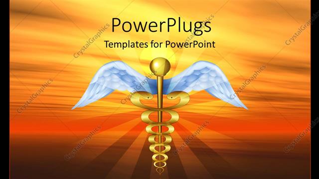  Presentation with symbol - Golden symbol of caduceus over background with sun in sky
