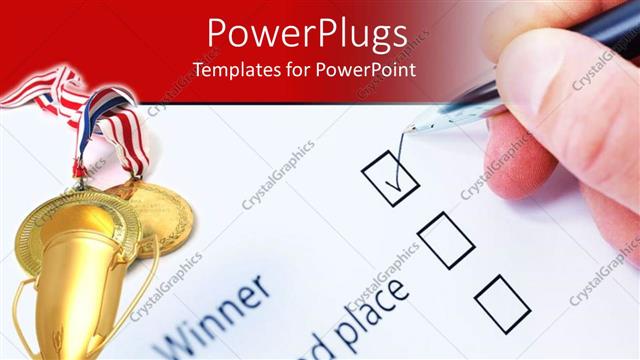  Presentation with winner - Golden trophy awarded for with hand ticking winner check box on paper