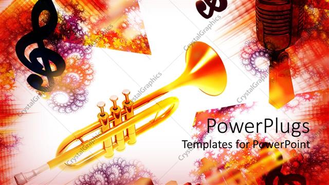 Presentation with trumpet - Golden trumpet with treble clef, microphone and colorful spiral and grid background