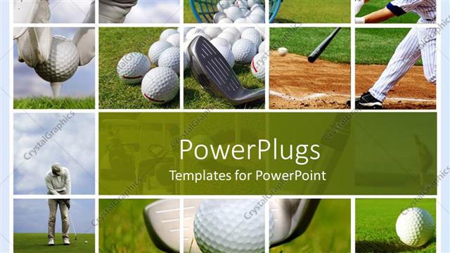  Presentation with course - Golf and baseball collage with balls, tees, clubs, bat, field, course, grass, players