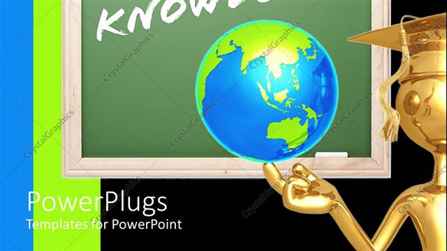  Presentation with knowledge - A graduate holding the globe with green board in the background