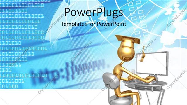  Presentation with computer - A graduate working on a computer with bluish background