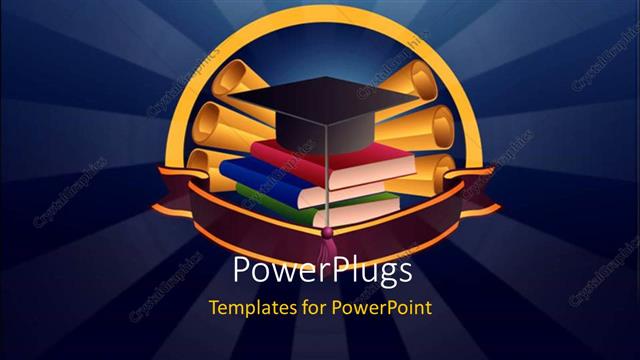  Presentation with graduation - Graduation cap on book pile with certificates on blue background