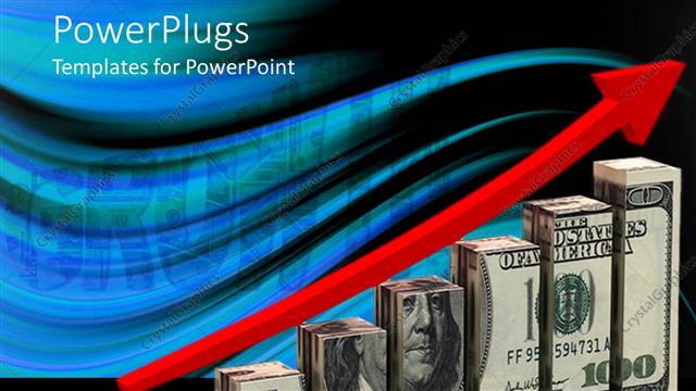  Presentation with growth - Graph with Red arrow rising on bars with dollar bills pattern