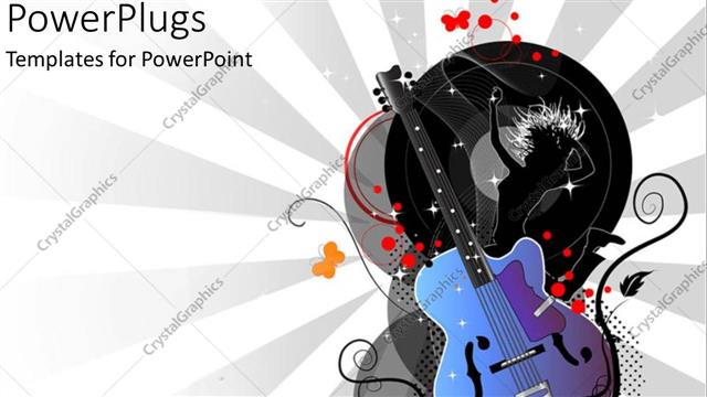  Presentation with lines - Graphic depiction of guitar  and black silhouette of dancing girl with abstract lines and bubbles on gray and white background