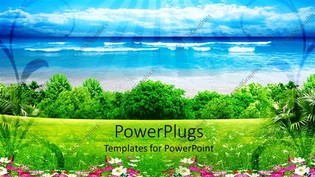  Presentation with field - A grass field with sea and clouds in the background