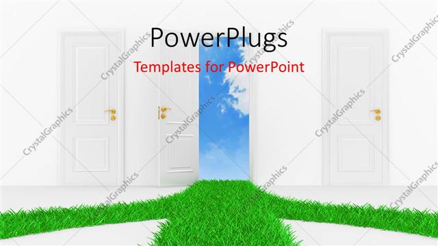  Presentation with open door - A grass with a number of doors in front and only one door open