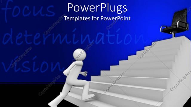  Presentation with climbing stairs - Gray figure climbing stairs to black desk chair on blue background
