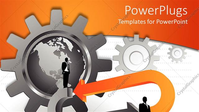  Presentation with orange arrows - Gray globe framed by gray gear and two businessmen with gray and orange arrows