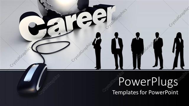  Presentation with professionals - Gray globe next to five professionals and gigantic mouse in gray background