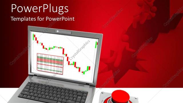  Presentation with gap - Gray laptop with stock trading and big help button on a white surface with figures falling through gap in road on red background